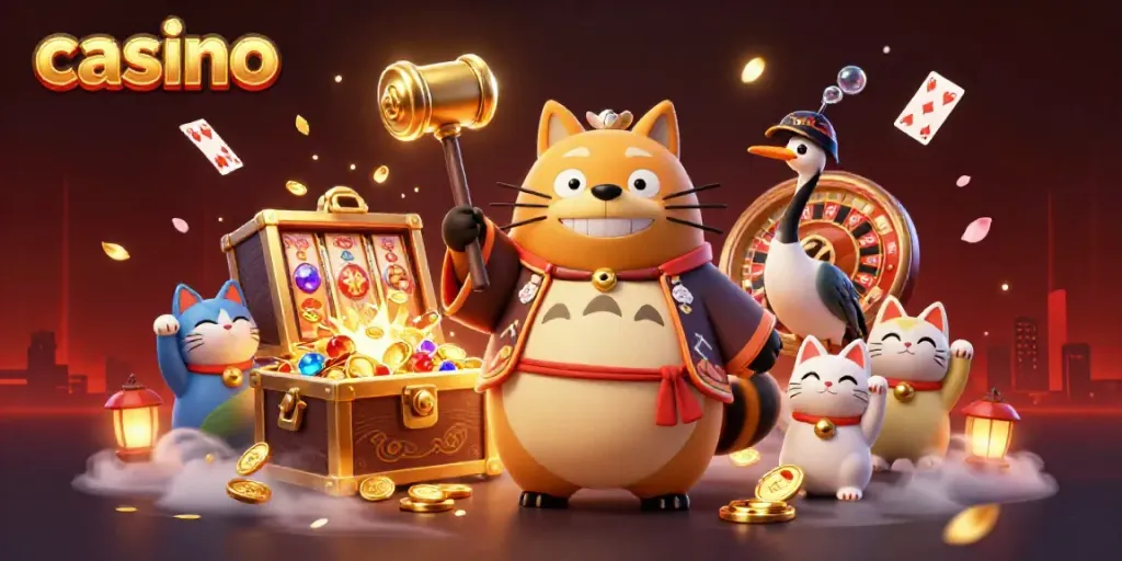 Cheerful tanuki and crane celebrate the vibrant casino experience with gold coins and lucky charms.