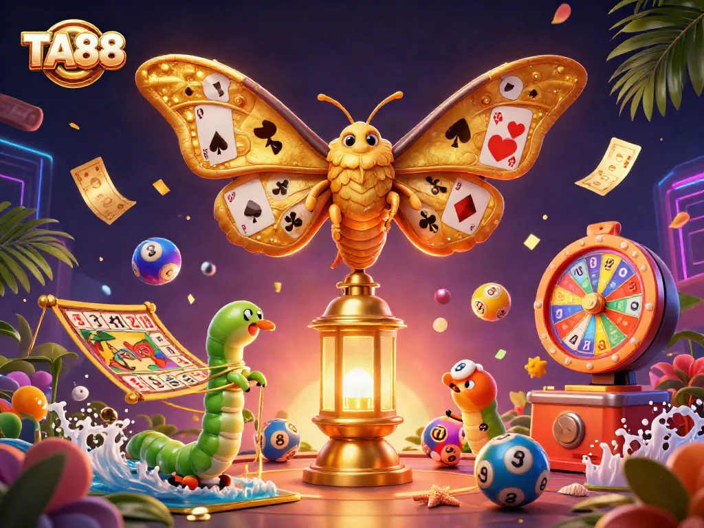 Experience the excitement of TA88 with a vibrant 3D casino illustration showcasing lottery elements and casino games.