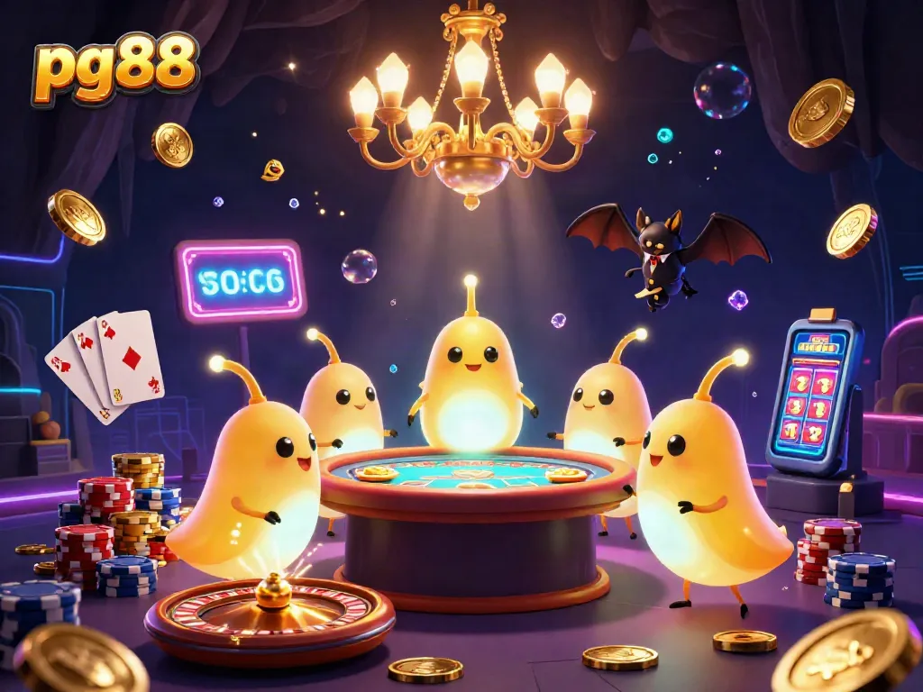 Players enjoy exciting games at pg88, illuminated by glowworms and surrounded by casino elements.