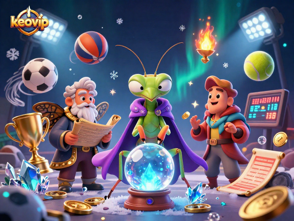 Engage with keovip's 3D cartoon fortune teller scene, showcasing sports elements and vibrant casino graphics.