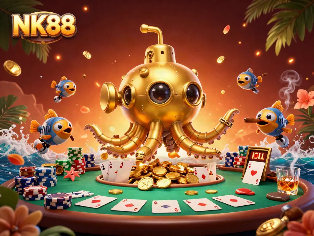 Experience the thrill of NK88 with golden kraken submarine surfacing alongside poker elements.