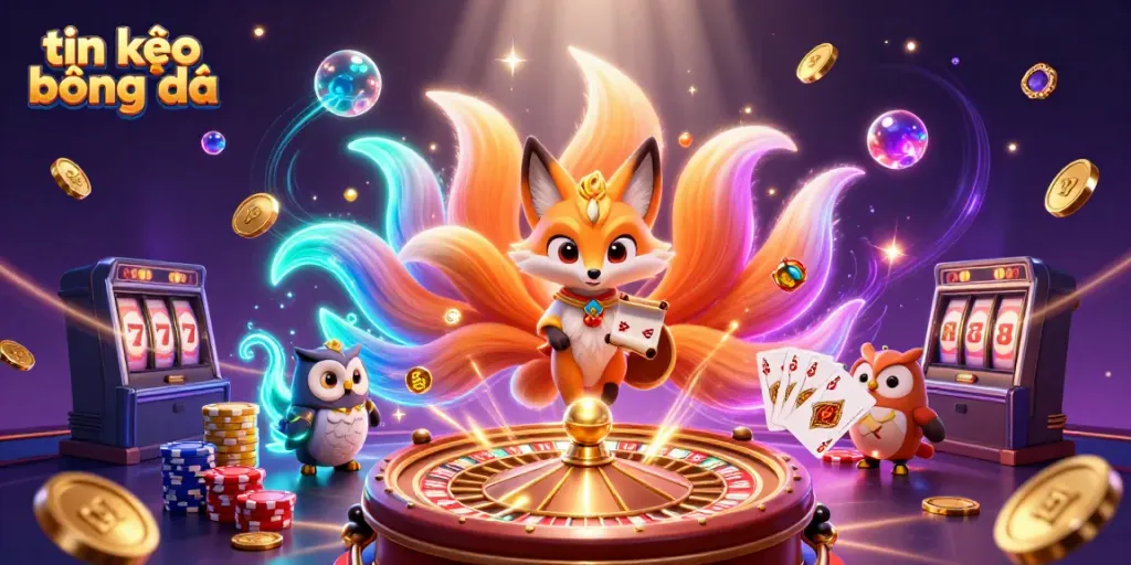 Experience the thrill of tin kèo bóng đá with vibrant characters and casino elements in a magical scene.