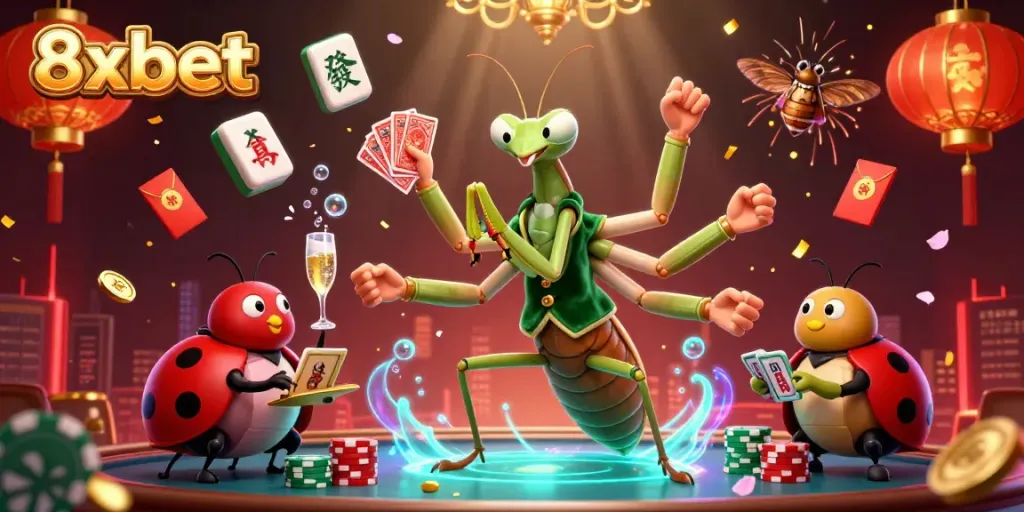 Engage with 8xbet's vibrant online casino themed illustration featuring animated characters and high-stakes poker elements.