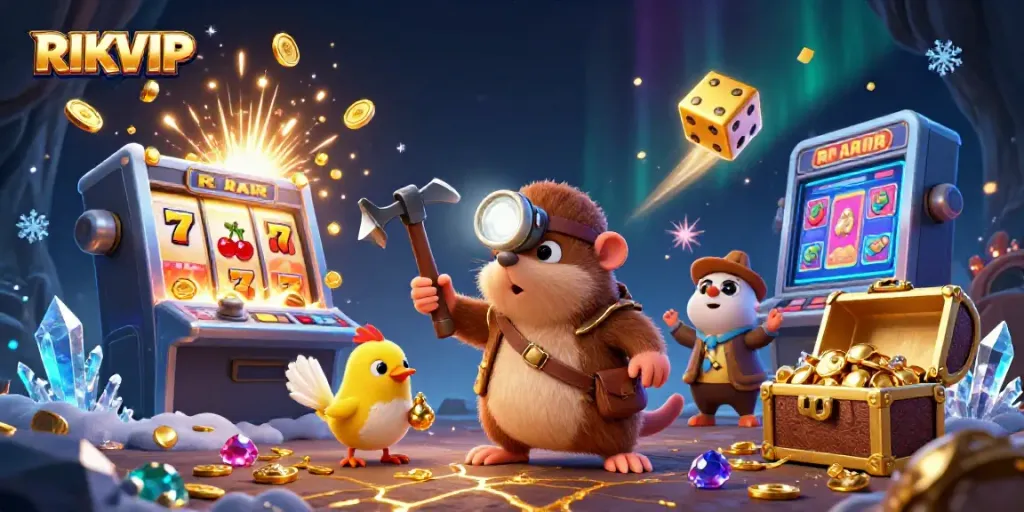 Experience the thrill of RIKVIP with a vibrant illustration of a treasure hunter mole amidst a jackpot explosion.