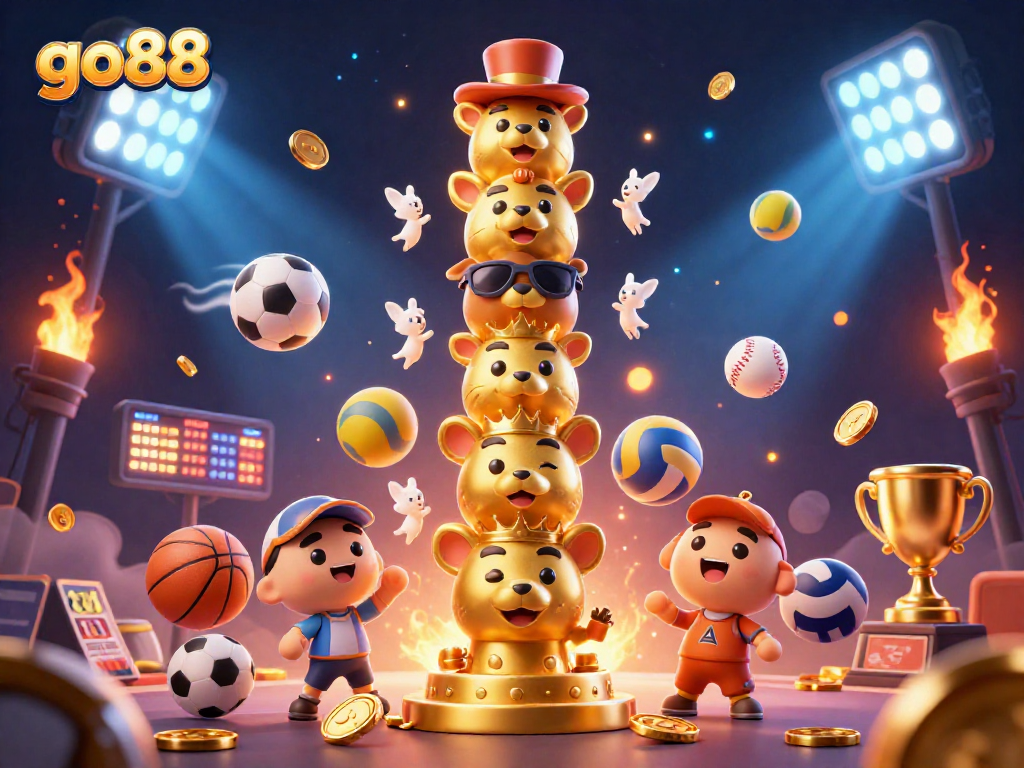 Experience go88 with a vibrant 3D casino scene filled with dynamic sports elements and a golden totem pole.