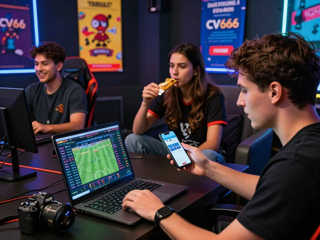 Exciting CV666 gaming scene with diverse players engaged in sports betting activities using laptops and mobile devices.