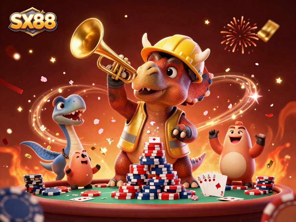 SX88 showcases a vibrant casino scene with playful characters celebrating a poker win and party, emphasizing excitement.
