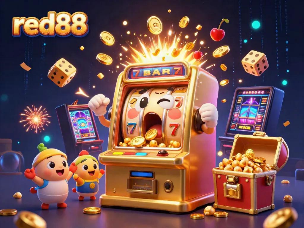 Hit the jackpot with red88: a lively 3D illustration featuring golden slot machines, coins, and fireworks.