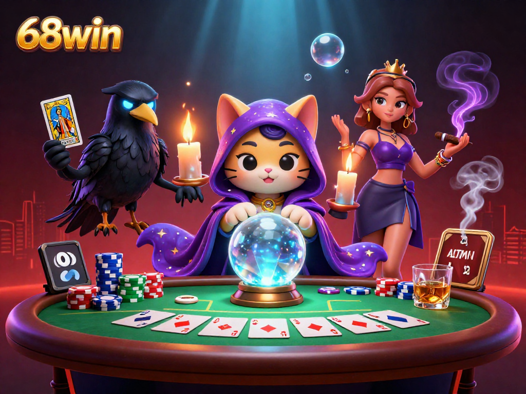 Experience thrilling casino action with 68win's vibrant 3D illustration of mystic characters and poker elements.