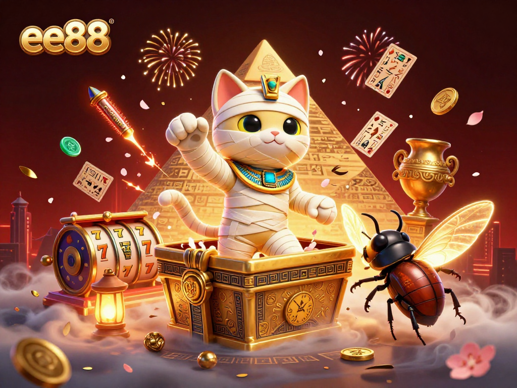 Play slot games with the vibrant mummy cat and glowing scarab at ee88 casino, surrounded by dynamic gambling elements.