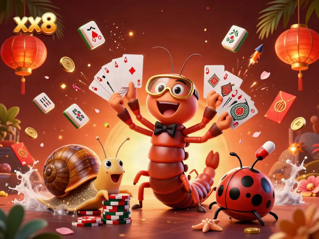 Engage in thrilling gameplay at xx8 with a colorful casino scene featuring a millipede dealer, high-roller snail, and dynamic game elements.
