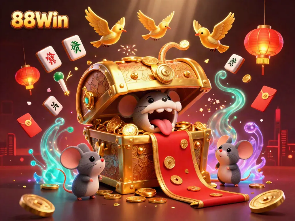 88Win treasure chest luring adventurer mice in a vibrant casino-themed scene.