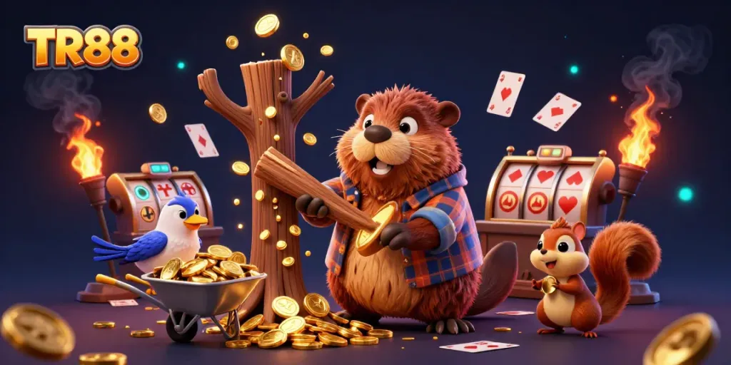 Experience TR88 with a vibrant scene of characters collecting gold in a dynamic casino environment.