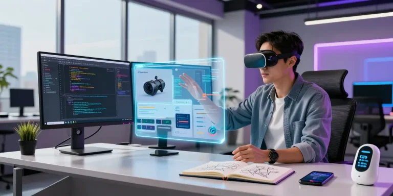 Professional using AR glasses while analyzing product designs in a modern tech workspace