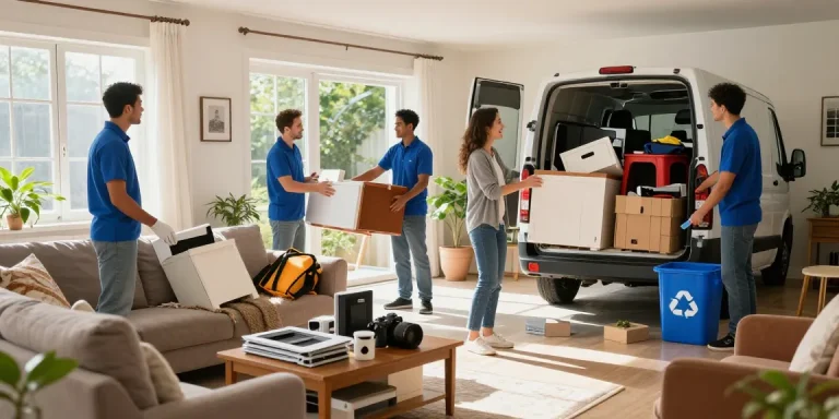 Efficient house clearance service in progress, team removing clutter from a bright living room while prioritizing eco-friendly practices.