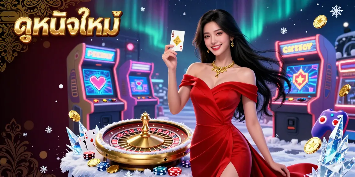 Engage with ดูหนังใหม่ in an exciting casino scene featuring a confident woman by a roulette wheel.