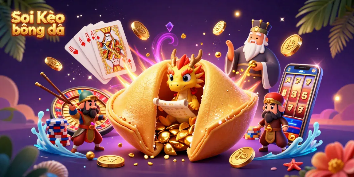 Soi Kèo bóng đá showcases an immersive 3D illustration with a fortune cookie and casino elements.