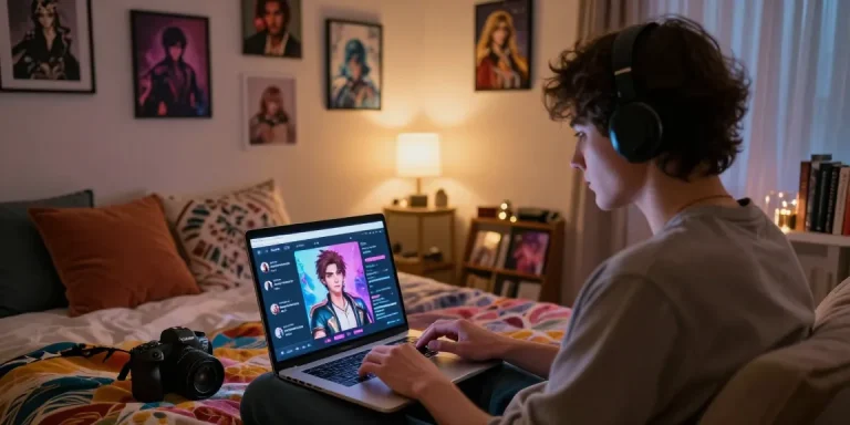 User interacting with ai nsfw platform in cozy bedroom setting, engaging with vibrant character avatars on laptop.