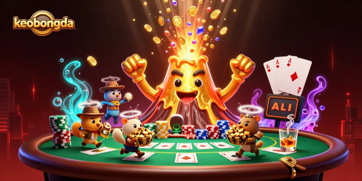 Experience keobongda's thrilling poker adventure with a golden volcano erupting coins and treasure.