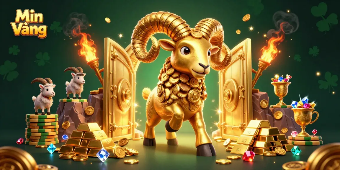 Min Vàng showcases a dynamic golden ram charging through a treasure vault in this exciting casino scene.