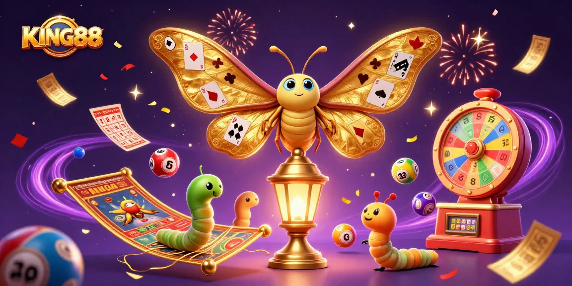 Engage with KING88's vibrant casino scenes illustrated by dynamic lottery elements and a majestic moth.