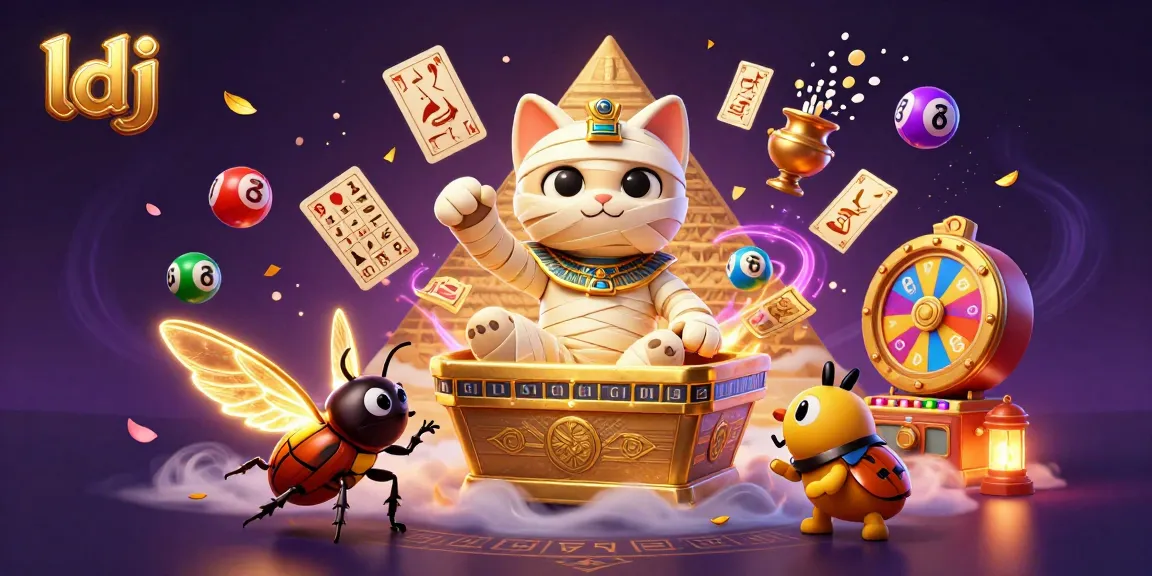Experience the exciting casino scene with ldj, featuring a mummy cat and a scarab beetle amidst dynamic lottery balls and golden elements.