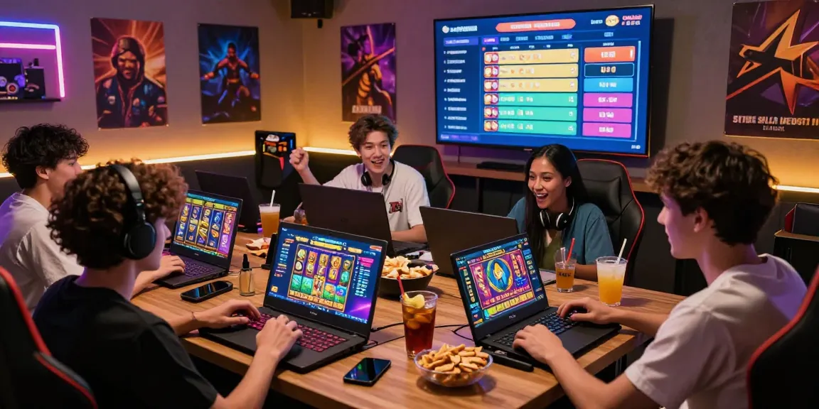 Dynamic gaming environment showcasing situs slot deposit 10 ribu with players celebrating wins and engaging with colorful graphics.