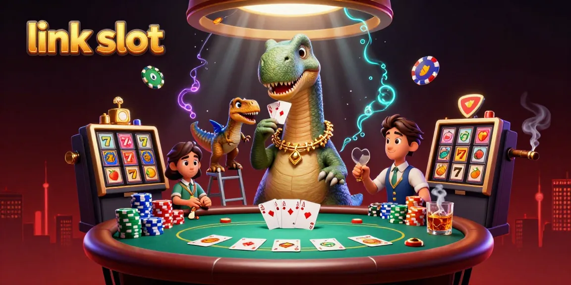 Experience the thrill of link slot action with cartoon dinosaurs in a vibrant casino scene.