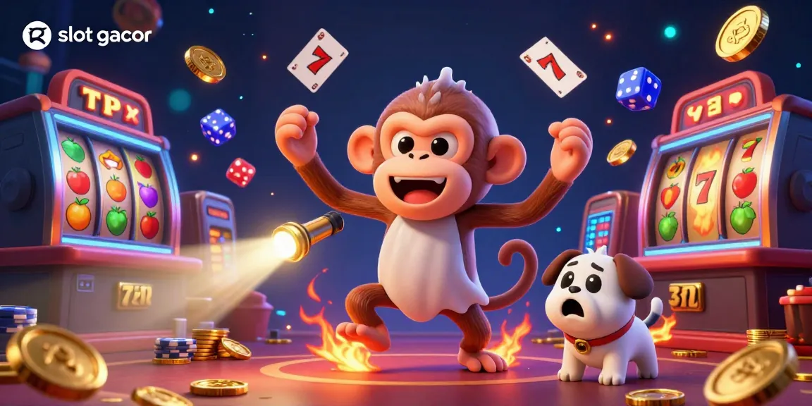 Engage with slot gacor magic as a mischievous monkey juggles golden casino tokens in a vibrant scene.