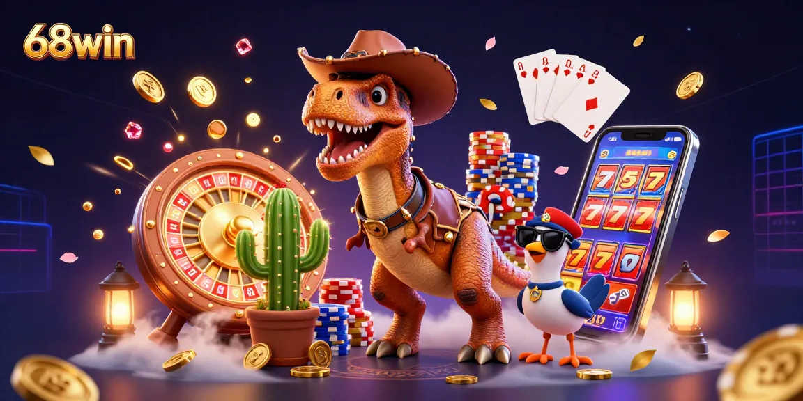 Engage in thrilling gameplay at 68win with a vibrant 3D casino scene featuring dynamic characters and glimmering game effects.