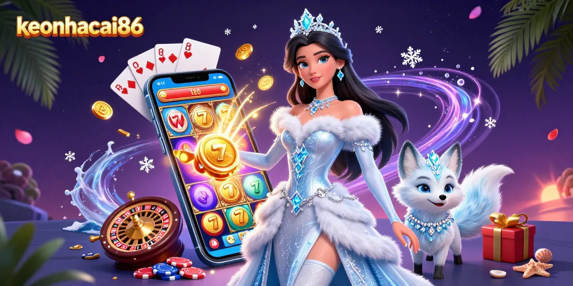 Engage with keonhacai86's thrilling gaming experience featuring dynamic slot reels, cards, and a serene ice queen.