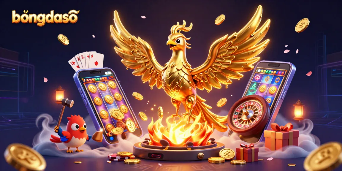 Bongdaso depicts a golden phoenix amidst a vibrant casino scene, symbolizing winning strategies and excitement.