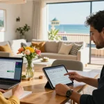 Brighton short-term rental management with a host engaging with guests at a stylish property overlooking the sea.