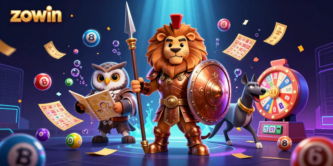 Zowin brings excitement with a colorful gambling scene featuring dynamic lottery elements, lively characters, and vibrant effects.