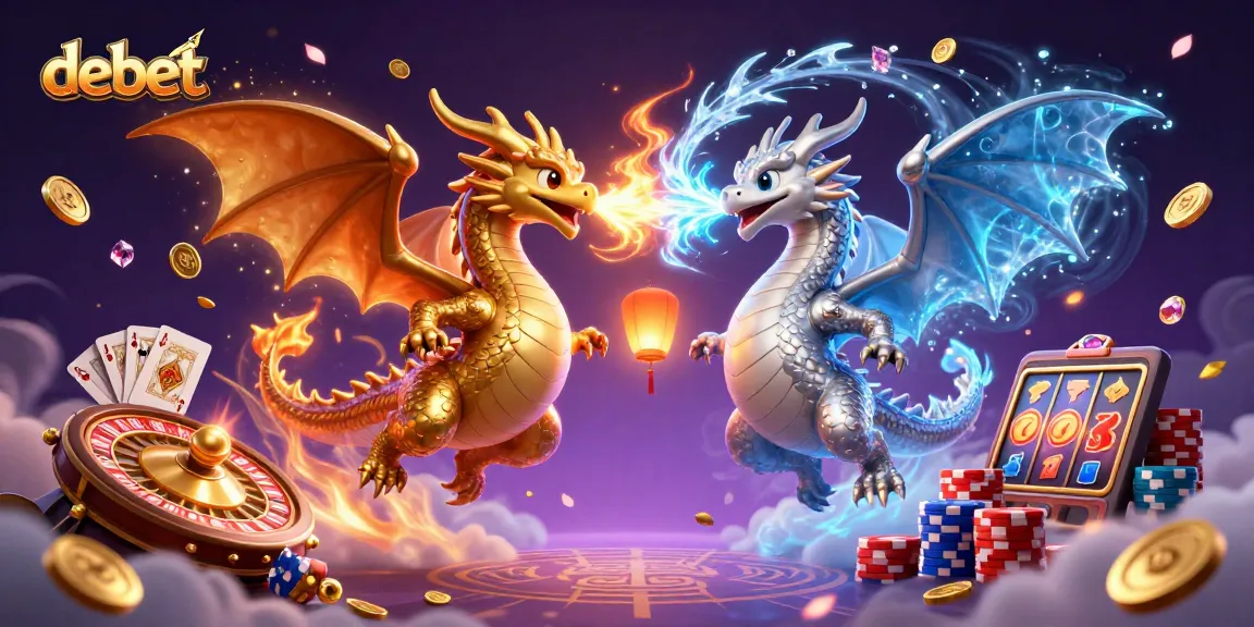 Experience the adventure of debet with twin dragons and dynamic casino elements in a vibrant scene.