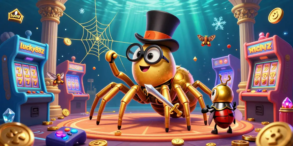 Experience thrilling gameplay at lucky88z with a giant golden tarantula weaving a web of excitement amidst a vibrant casino scene.