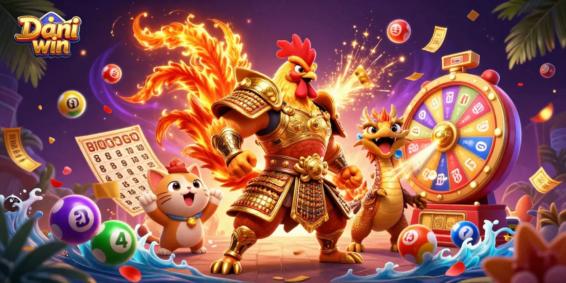Dhani win offers exciting gameplay with colorful lottery balls and dynamic characters in a rich, vibrant scene.