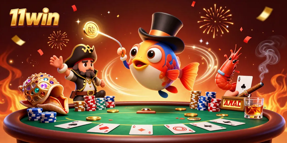 Experience high-stakes poker action at 11win with vibrant characters and gaming elements.