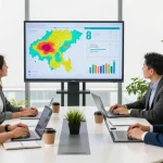 EE vs Three business plans comparison meeting with professionals analyzing data and coverage maps in a modern office.