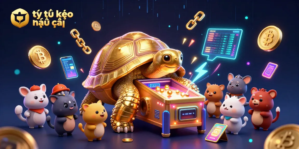 Experience the excitement of tỷ lệ kèo nhà cái with vibrant crypto-themed gambling elements in a lively 3D casino scene.