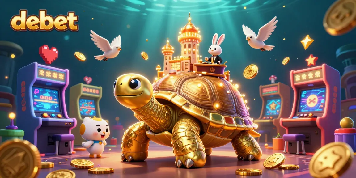Experience debet at a vibrant casino scene with golden tortoise, rabbit dealer, and dynamic game elements.