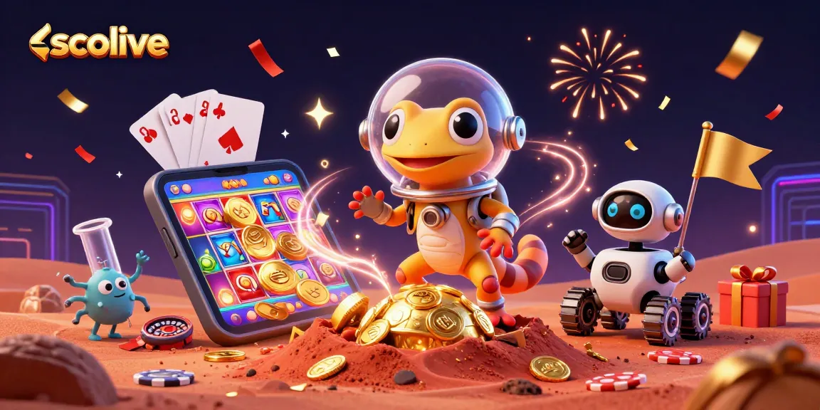 Socolive animated Martian gecko discovers a vibrant casino with slot games and festive decor.