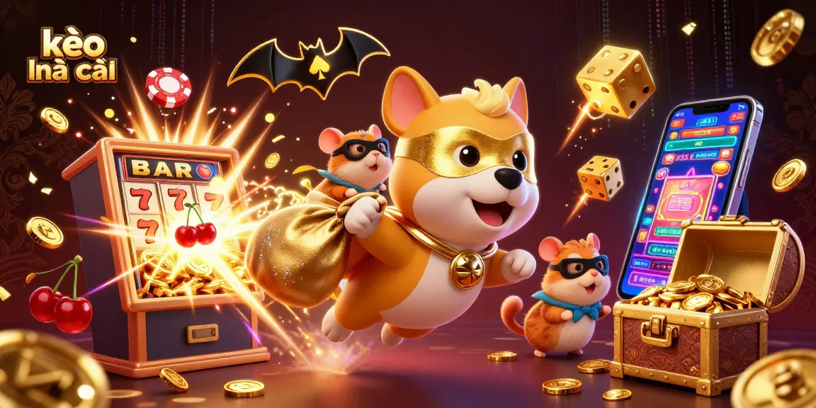 Engage in thrilling kèo nhà cái adventures with a superhero dog and his hamster sidekick amid vibrant casino elements.