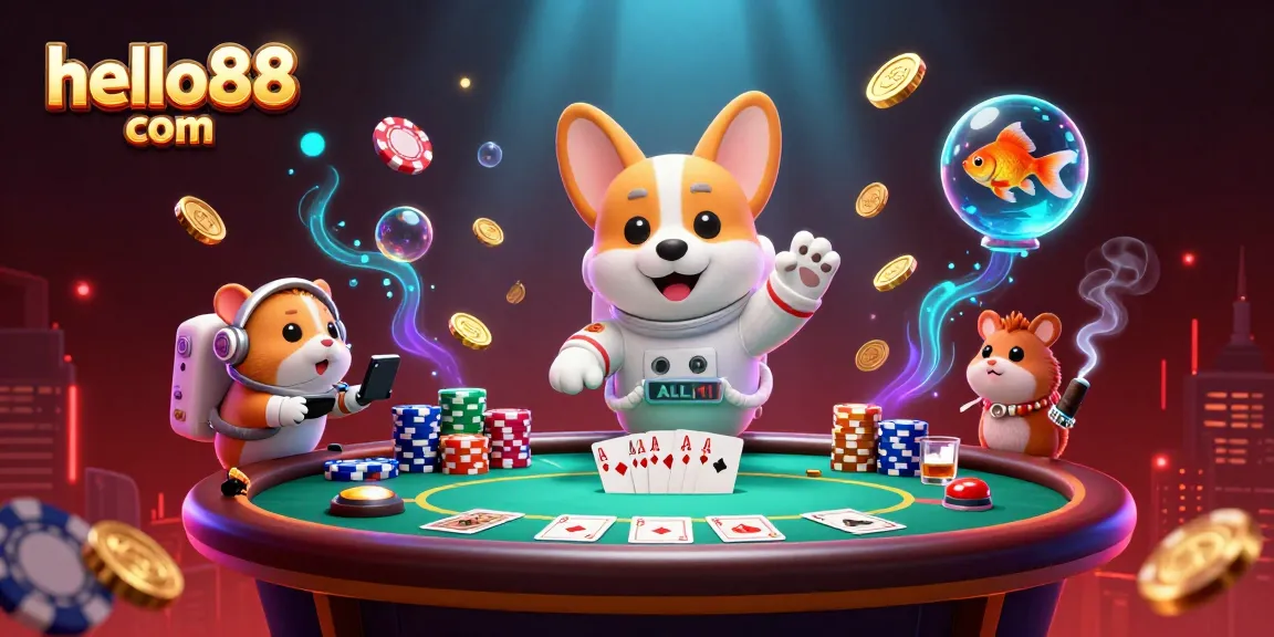 Engage in fun with hello88 com as a 3D cartoon astronaut corgi plays poker amidst floating chips and gold coins.