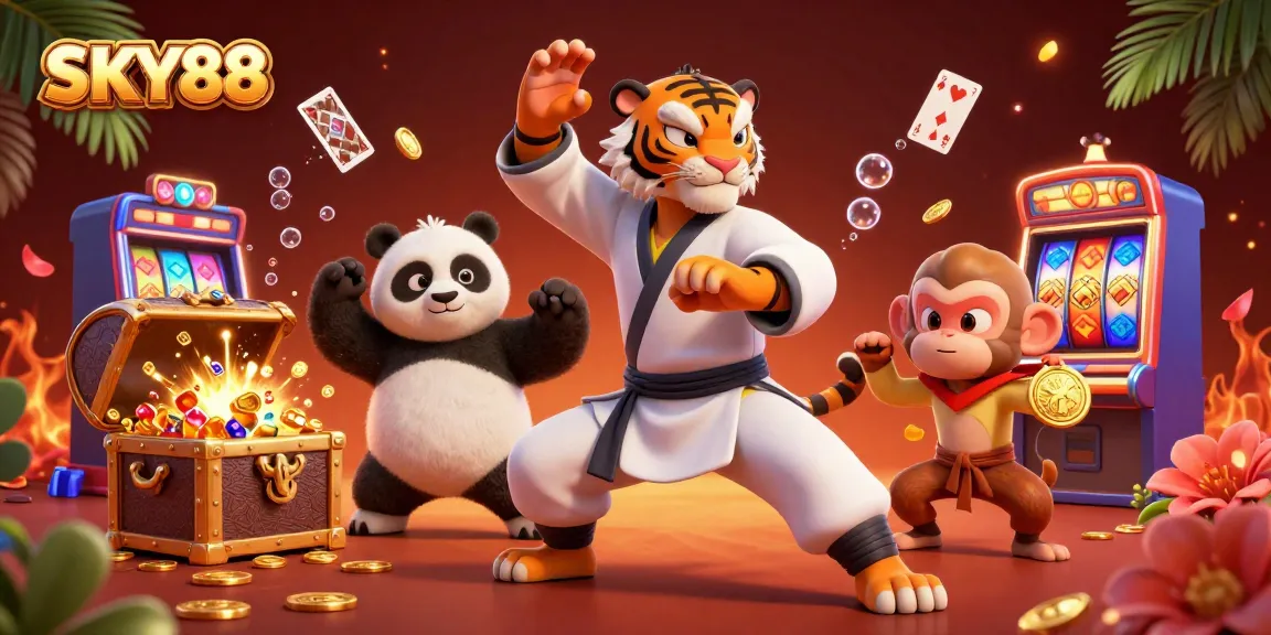 Engage in thrilling gameplay at SKY88 casino, with animated characters and rich gambling elements.