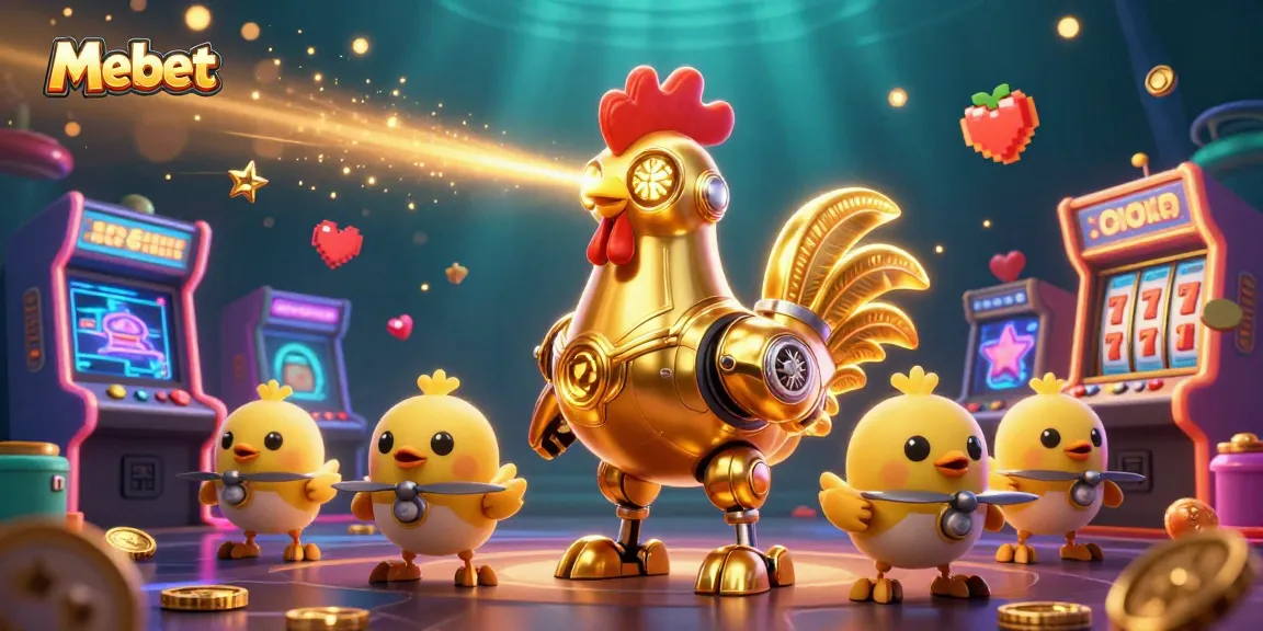 Mebet's casino adventure showcases a vibrant scene of a golden rooster robot surrounded by slot machines.