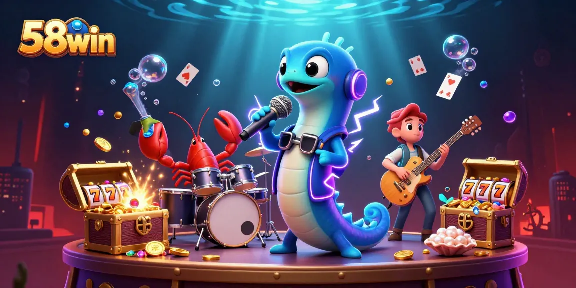 Experience the vibrant excitement of 58win as cartoon characters perform at an underwater casino stage.