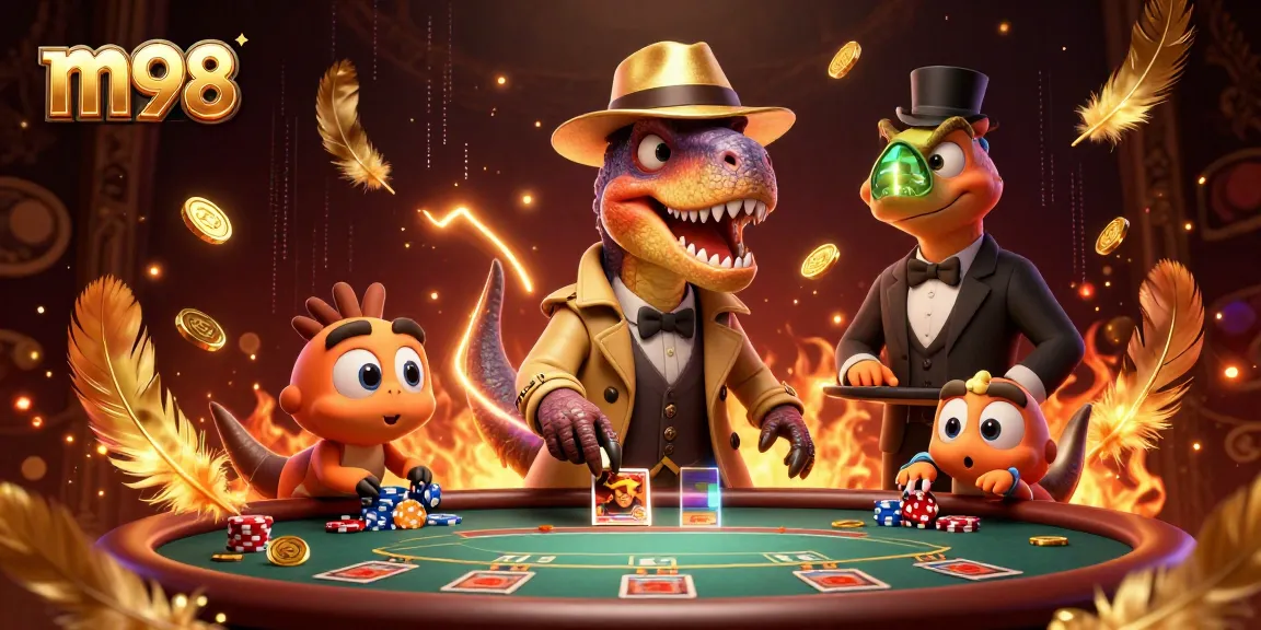 M98 velociraptor card counter at blackjack table with stegosaurus pit boss and compy pickpocket in a vibrant casino scene.