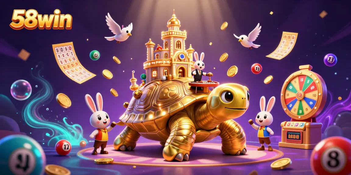 Experience thrilling games and exciting wins at 58win casino with vibrant golden tortoise and delightful characters.