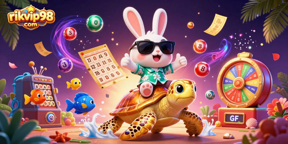 Experience vibrant gaming thrills at rikvip98 com with a dynamic casino illustration showcasing colorful lottery elements.